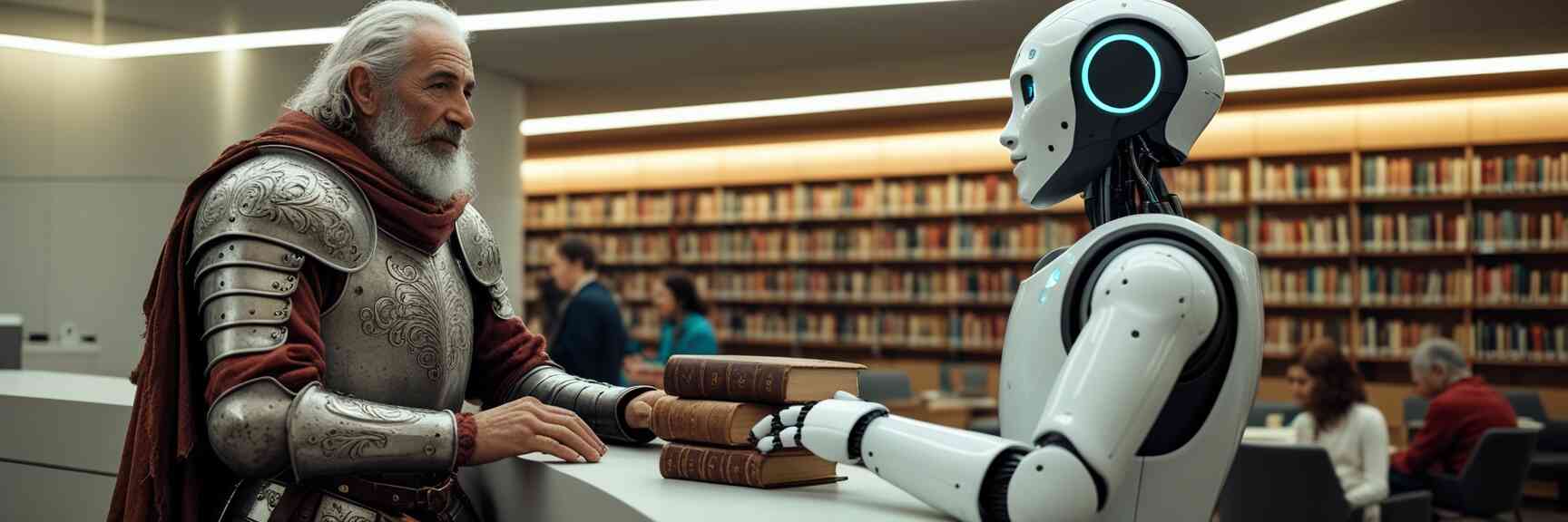 Dom Quixote atendido por um robô no balcão de um biblioteca.