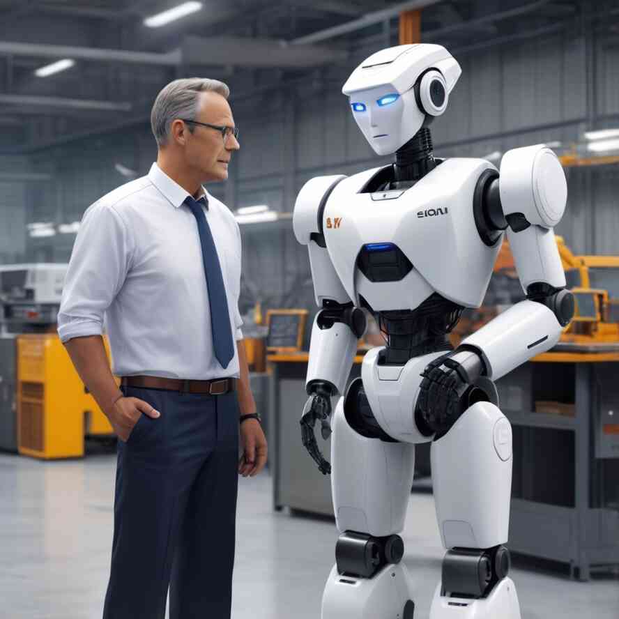 Um engenheiro explicando uma ordem para um robot.